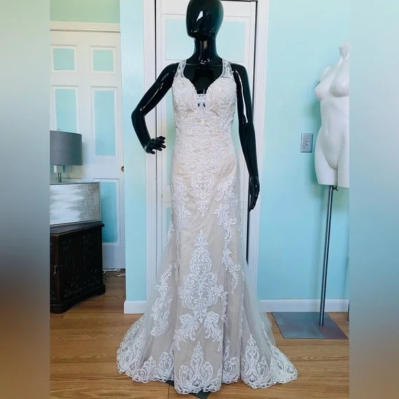 Size 12 Nude Ivory Champagne Wedding Gown Bridal Dress removable overskirt NWT
